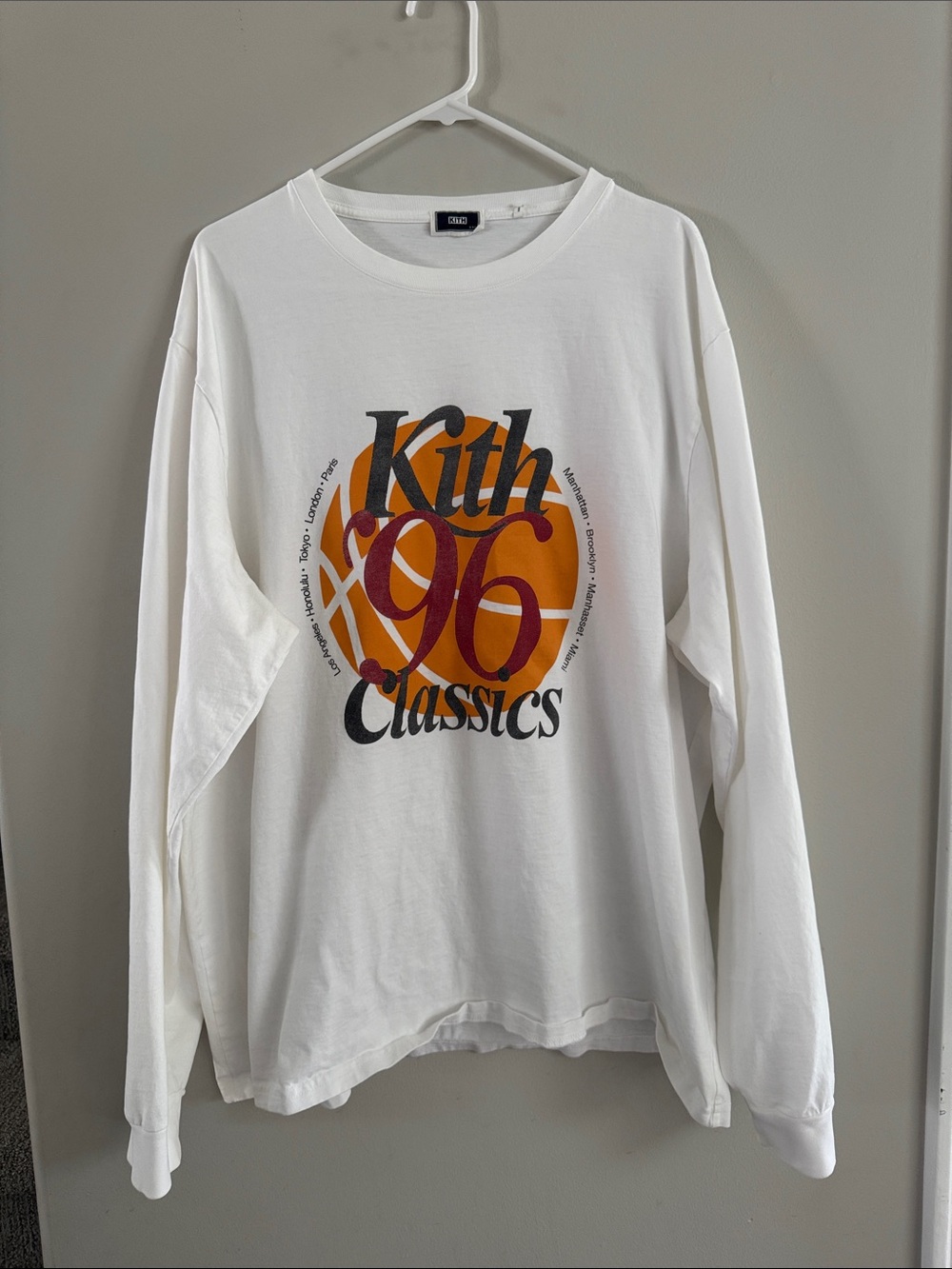 Kith White Long Sleeve '96 Classics Graphic Tee with Orange and Burgundy Print